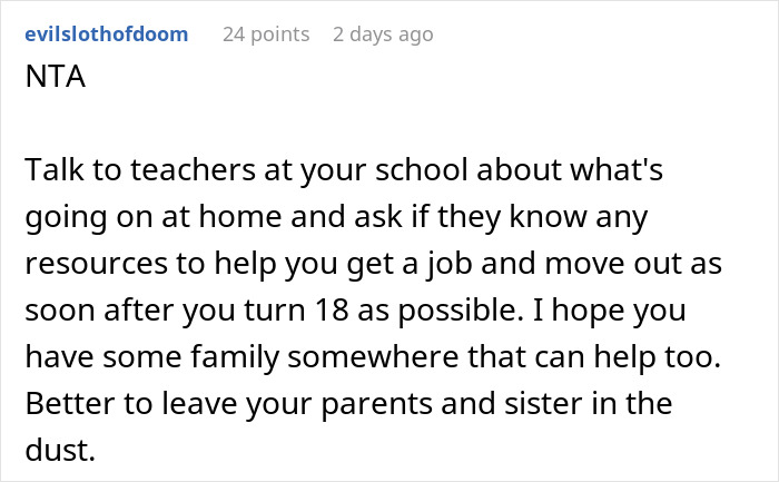 Screenshot of a Reddit comment discussing family conflict and advice on dealing with a golden child stealing gifts.