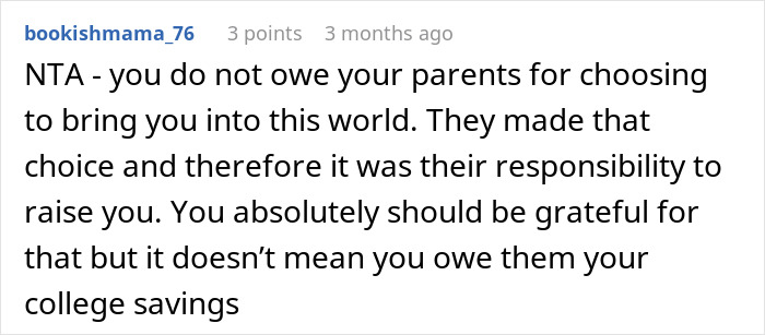Comment on Reddit discussing a teen refusing to sacrifice her future to fix parents’ financial mistakes. - 43