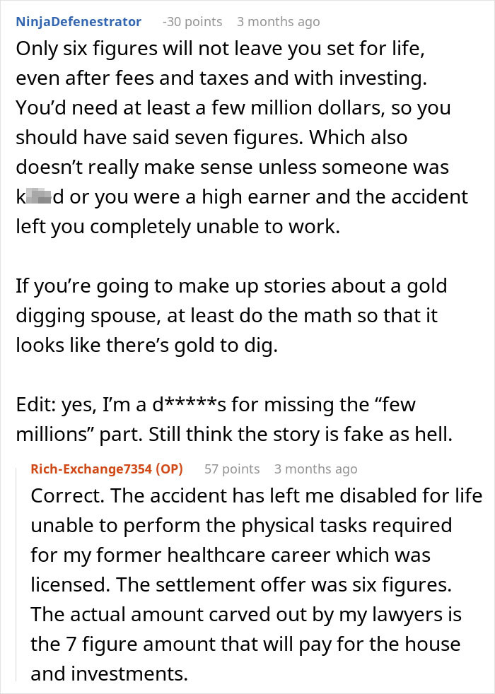 Reddit conversation discussing a man changing his mind on a prenup after his partner gets seven-figure insurance.