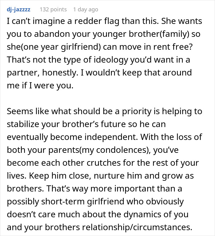Comment discussing a teen losing both parents, working two jobs to survive, and struggles with brother’s girlfriend branding them a freeloader.
