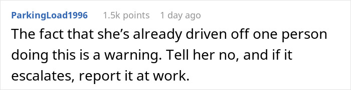 Comment about a woman dealing with a coworker demanding rides without notice, highlighting tension at work.