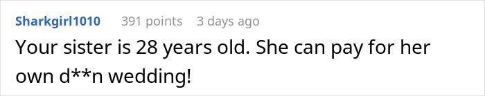 Screenshot of an online comment where a user criticizes a sister’s age and ability to pay for her own wedding expenses. - 12