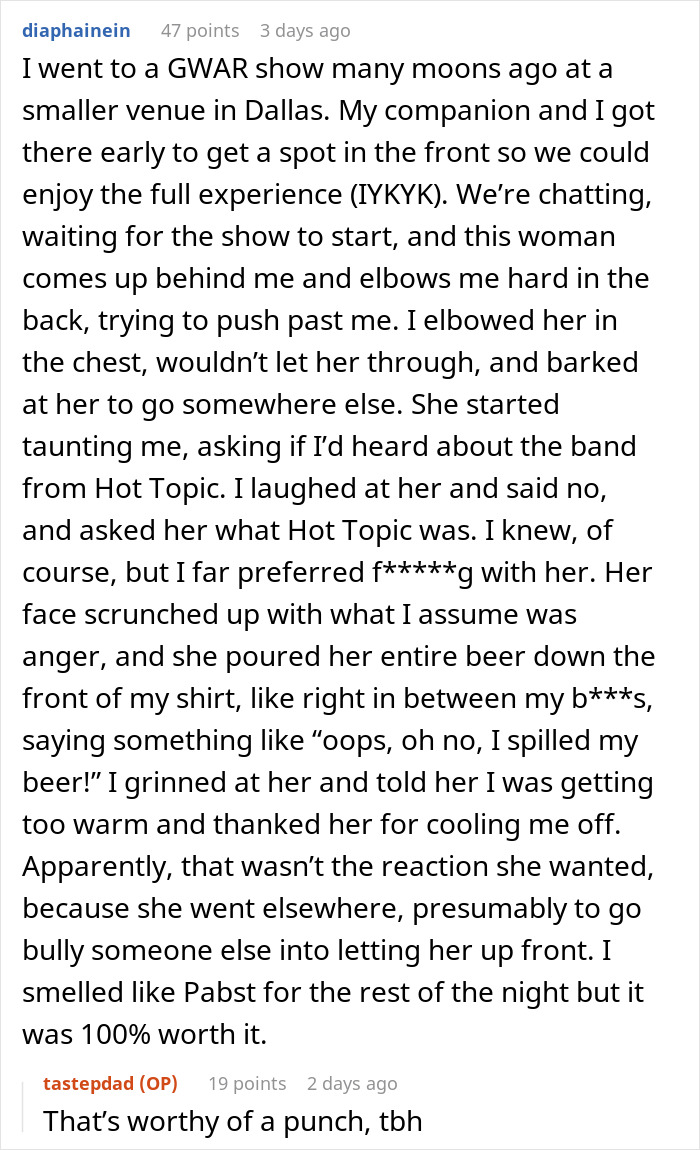 Woman annoys everyone at concert, gets beer poured in her purse after causing a scene and pushing others. - 19