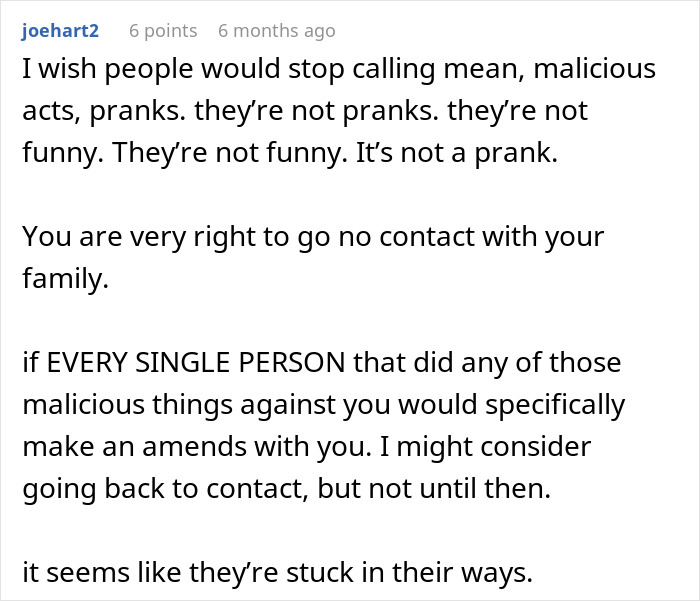Comment expressing support for going no contact after a family stages fake legal notice prank on a woman. Comment expressing support for going no contact after a family stages fake legal notice prank on a woman.
