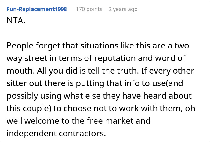 Comment from user discussing reputation and word of mouth impact on family blacklisted local babysitters decisions.