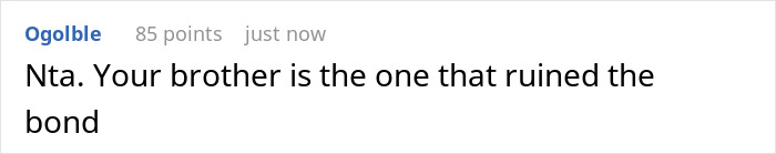 Comment text on a white background, discussing a family dispute involving a gay man and his twin&rsquo;s wedding invitation.