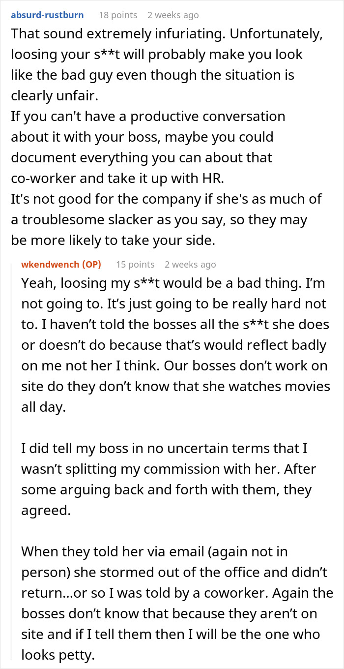 Text conversation about a lazy worker doing minimal work and demanding half of coworkers' commission for brief help.