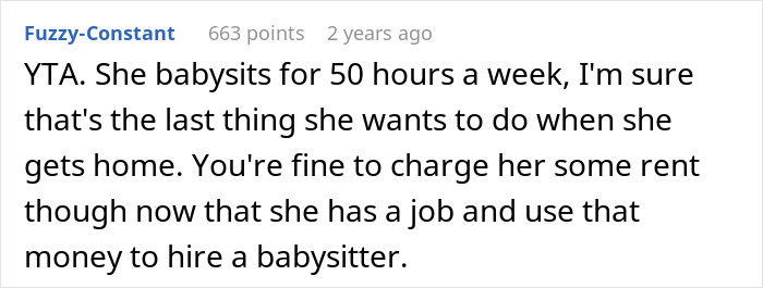 Comment discussing a nanny who works 50 hours a week and her sister still demands free babysitting on her off days.