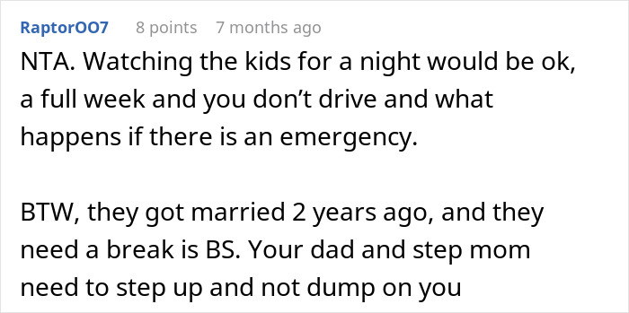 Reddit comment discussing teen refusing to babysit step-siblings for a week and parents' meltdown reaction.