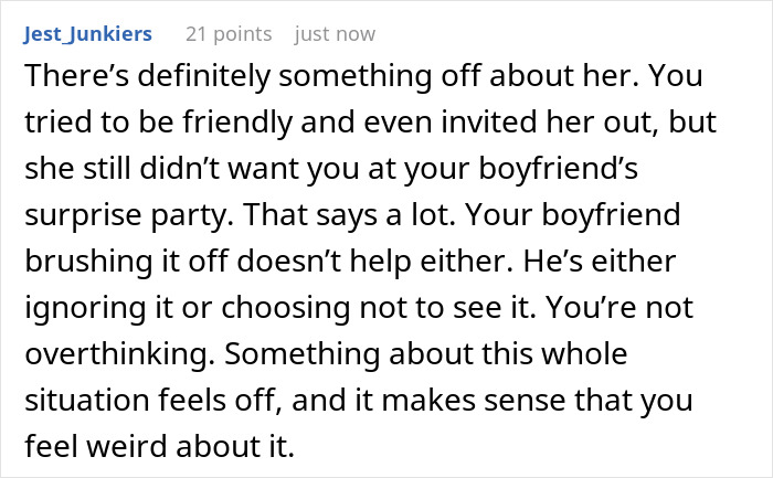 Screenshot of a forum comment discussing a guy’s female best friend not inviting his girlfriend to a surprise birthday party. - 29