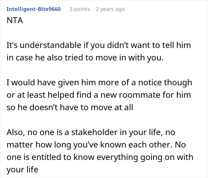Screenshot of a forum comment discussing not telling roommate about buying a house until closed to avoid moving issues.