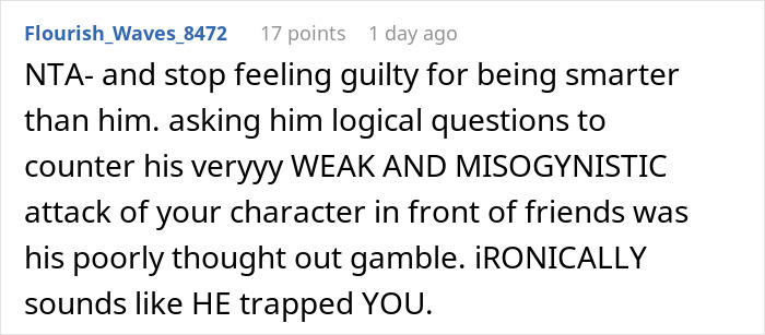 Reddit comment discussing husband jokes wife trapped him and wife&rsquo;s brutal reality check in front of friends.