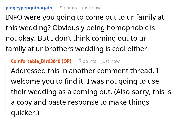 Comments discussing a gay man&rsquo;s experience with attending his twin&rsquo;s wedding and related family reactions.