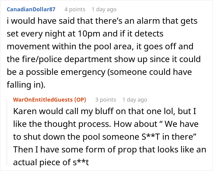 Screenshot of a discussion about an obnoxious Karen using the hotel pool after closure despite rules and alarms. - 23