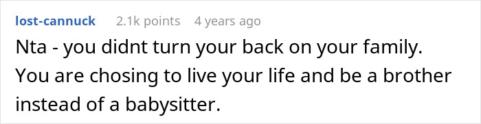 Screenshot of an online comment discussing a 22-year-old tired of babysitting 9 siblings, seeking distance from parents' demands. - 21