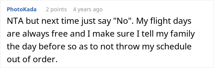 Comment about woman missing flight babysitting niece and not receiving compensation from parents in online discussion. - 26