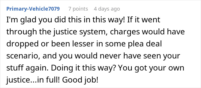 Comment praising someone for taking personal justice after a theft, highlighting satisfaction with revenge over the legal system. - 75