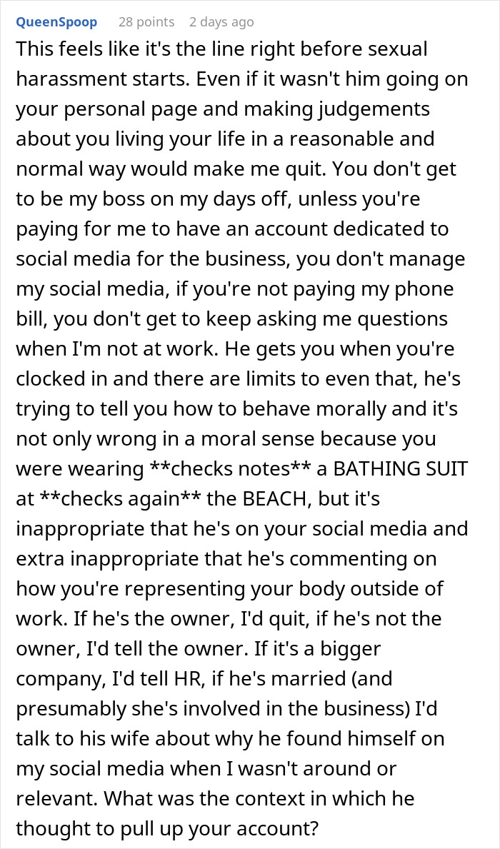 Comment discussing boss not wanting employee bikini pictures posted and boundaries around personal social media use. - 27