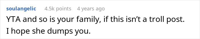 Screenshot of a Reddit comment criticizing a family’s insensitive scar joke during a relationship conflict. Screenshot of a Reddit comment criticizing a family’s insensitive scar joke during a relationship conflict.