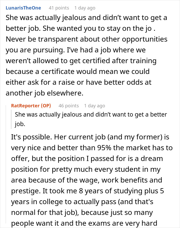 Screenshot of Reddit conversation discussing job jealousy and workplace pay issues, highlighting employee whistleblowing on pay theft.