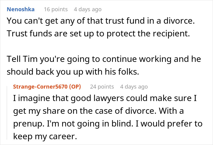 Comments discussing a woman’s in-laws demanding she quit her job, viewed as emasculating their son, with a strong clapback. - 17