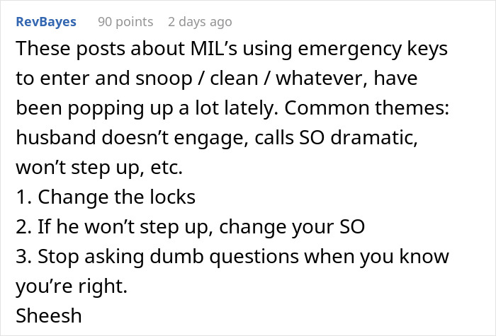 Text post discussing MILs using emergency keys to enter homes and reorganize, causing frustration for DILs.