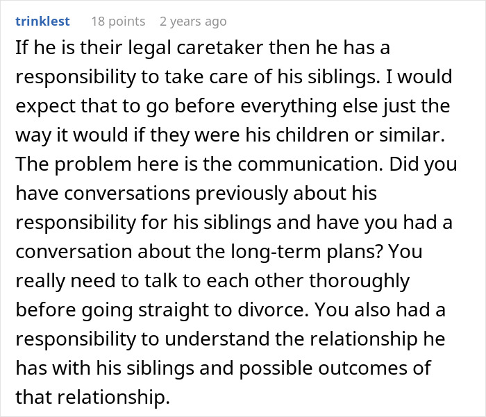 Comment discussing husband's responsibility as caretaker for disabled siblings and the impact on marriage communication and decisions.