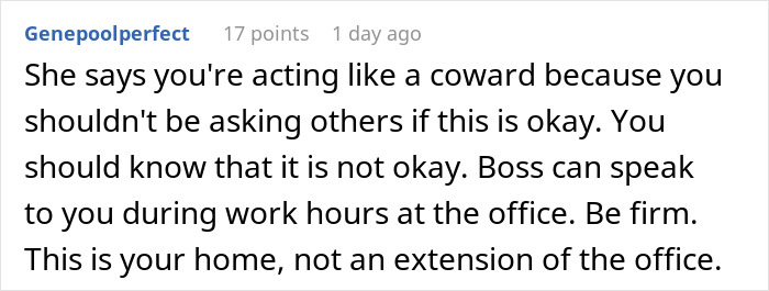 Comment discussing a single mom uncomfortable with her boss popping up at her home, urging firm boundaries.