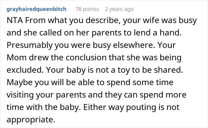 Reddit comment discussing overprotective mom upset about son letting in-laws help with baby care.