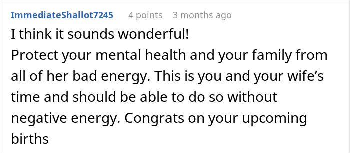 Text comment about protecting mental health and family from bad energy, relating to woman upset sister-in-law conflict.