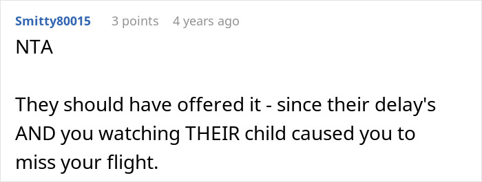 Comment excerpt discussing a woman missing her flight while babysitting niece and seeking compensation from parents. - 25