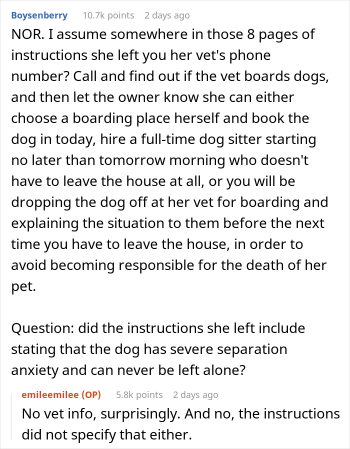 Comment discussing vet boarding options and insisting friend handle dog care during absence to ensure safety.