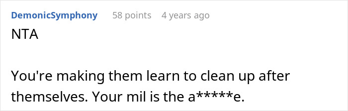 Screenshot of a discussion where someone supports a mother who lets family live in filth to teach a lesson about cleaning up.
