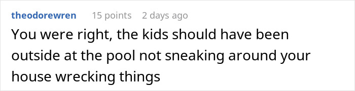 Screenshot of a user comment about kids sneaking around and causing damage, relating to woman upset brother cut party short.