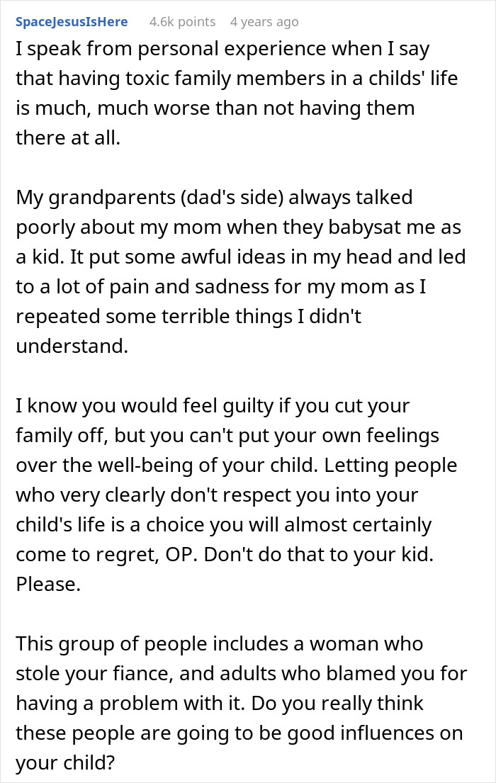 Text post discussing toxic family dynamics where a woman can’t forgive stepsis for stealing her fiancé, refusing to reconnect. - 30