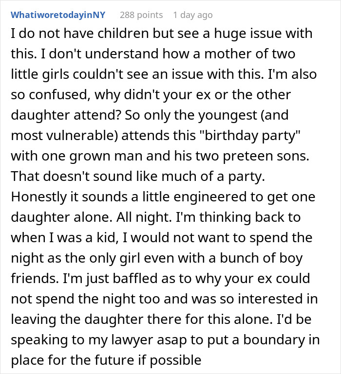 Comment discussing concerns about an 8-year-old spending the night at mom's boyfriend's house without family or female presence.