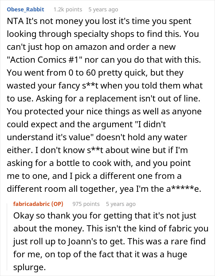 Woman upset over $25 per yard fabric ruined by guest’s kids, seeks replacement, faces criticism for her request. - 27