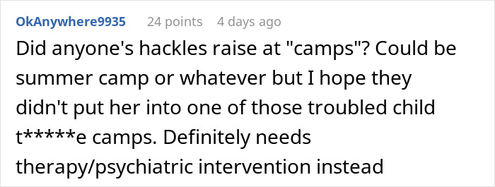 Comment on Reddit discussing concerns about therapy and psychiatric intervention for teens at camps.