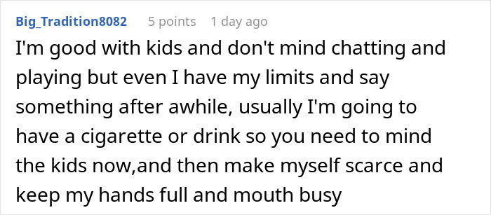 Screenshot of a Reddit comment discussing limits of babysitting while attending a friend's party. - 37