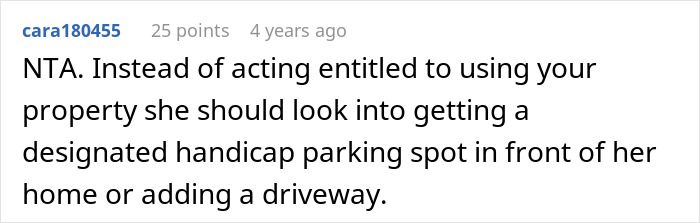 Comment discussing a disabled woman thinking she owns her neighbor&rsquo;s driveway and suggestions for designated handicap parking.