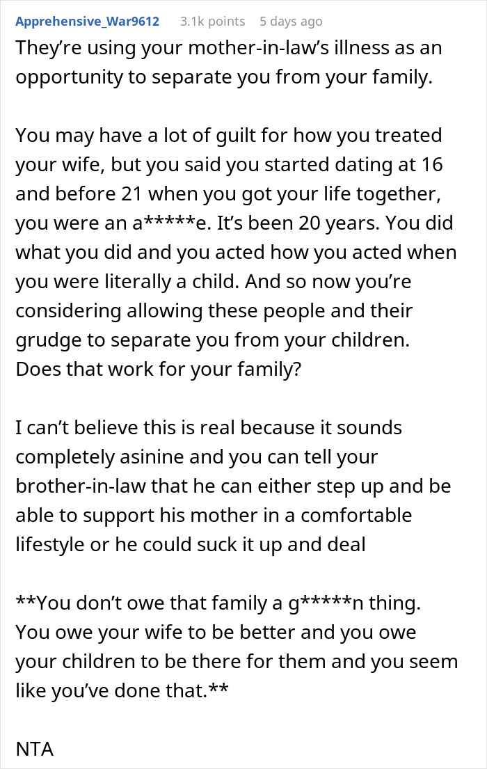 Comment about man buying wife’s childhood home and brother demanding he move out for the family’s sake. - 30