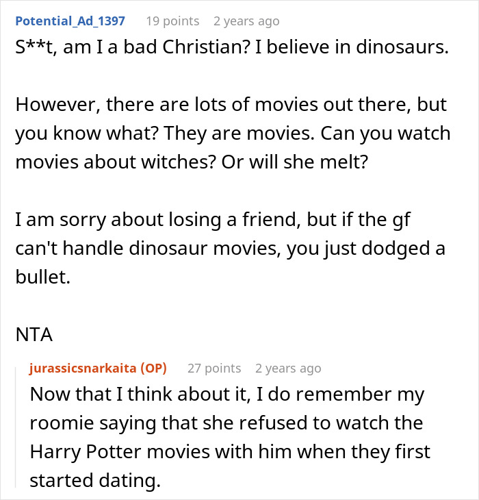 User comments discussing disbelief in dinosaurs and conflict over watching Jurassic Park dinosaur movies.