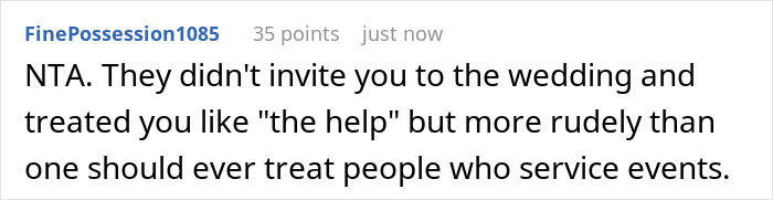 Screenshot of a Reddit comment discussing a guy agreeing to perform at friends' wedding but suing after no payment or invite. - 26