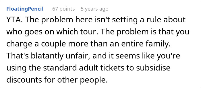 Screenshot of online comment criticizing a tour company’s pricing policy, related to childfree couple and family tour reviews. - 38