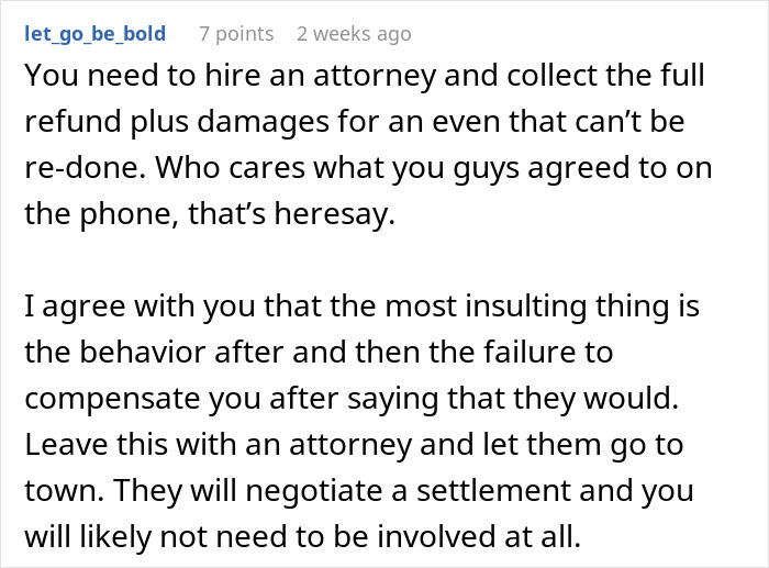 Comment advising to hire an attorney for damages after caterers got the wedding date wrong just before ceremony.