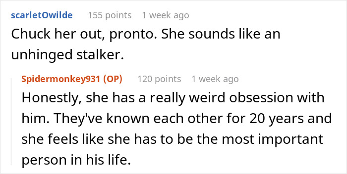 Online discussion about fiancé’s female friend demanding speech, matching dress, best man role, causing bride to consider cutting ties. - 14