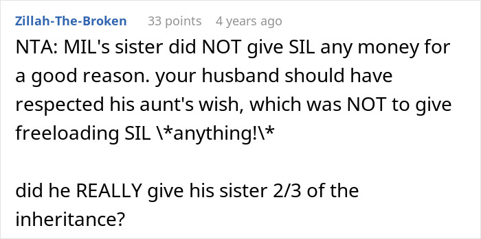 Comment highlighting conflict over husband promising daughter's inheritance to freeloader sister and wife's angry reaction. - 27