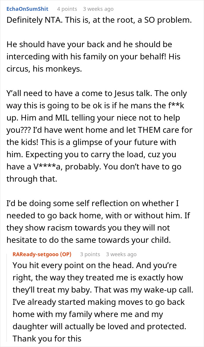 Screenshot of an online discussion about family dynamics and racism after a pregnant woman refuses to babysit niblings.