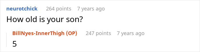 Reddit conversation screenshot showing a user asking how old the son is and the reply answering five. - 57
