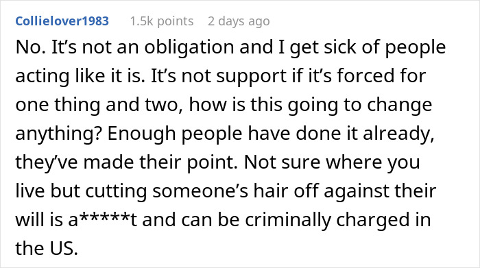 Comment discussing family upset over 17-year-old refusing to shave head to support 7-year-old with cancer.